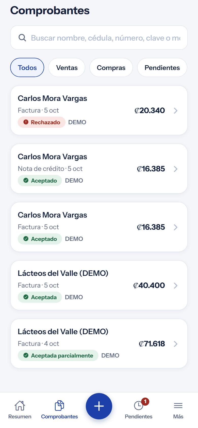 Lista de comprobantes con buscador, filtros de ventas, compras y pendientes, y estados como aceptado y rechazado.