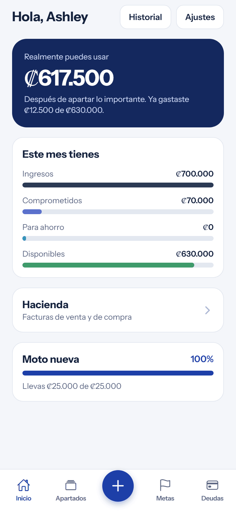 Pantalla de inicio de Alcance con la tarjeta azul "Realmente puedes usar", el resumen de ingresos, comprometidos, ahorro y disponibles, y el acceso a Hacienda.