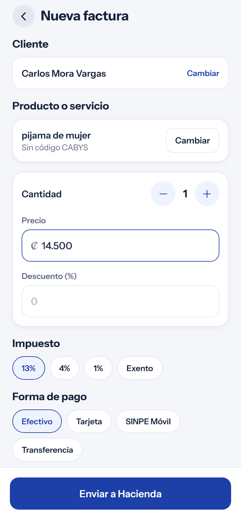 Formulario de nueva factura con cliente, producto, cantidad, precio, impuesto y forma de pago.