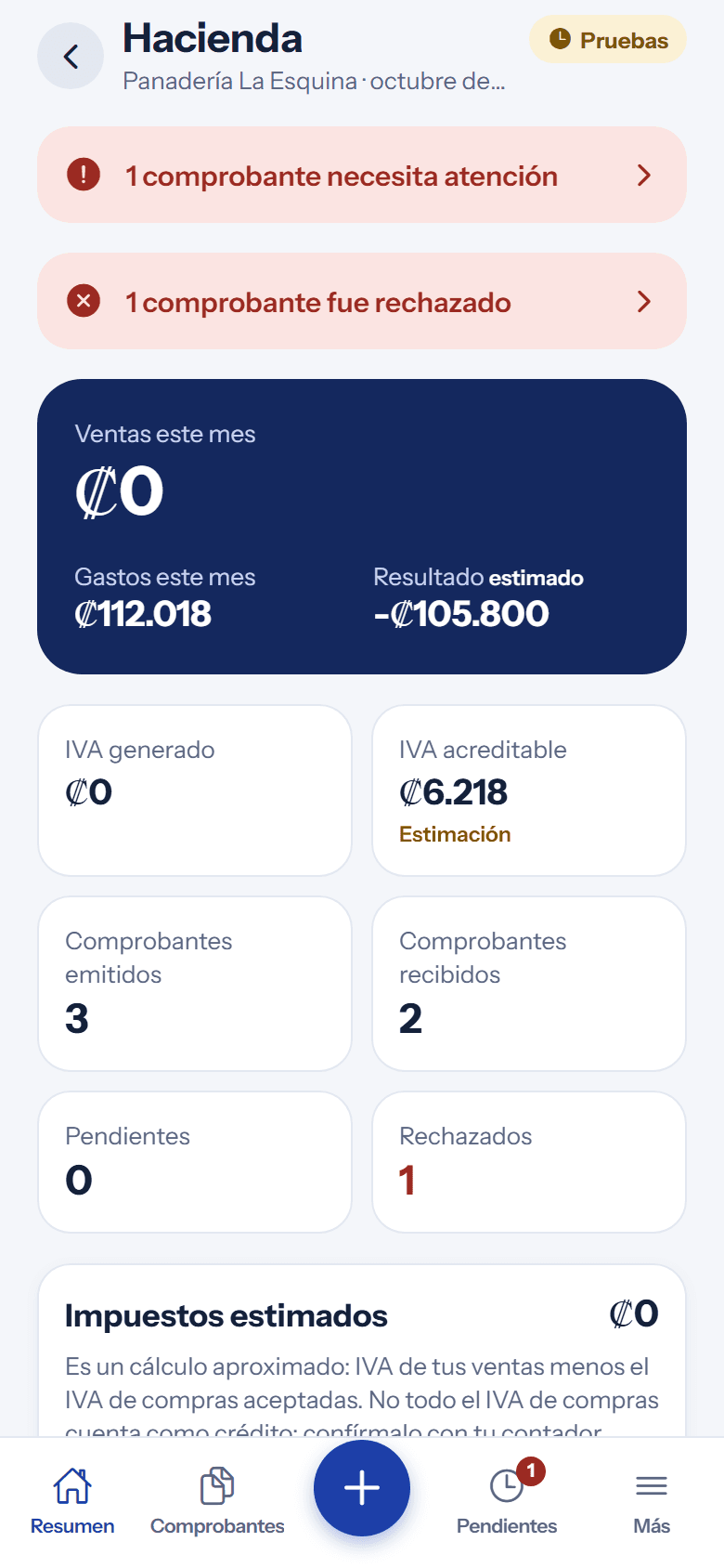 Resumen del módulo Hacienda con ventas, gastos, IVA estimado y cantidad de comprobantes emitidos, recibidos, pendientes y rechazados.