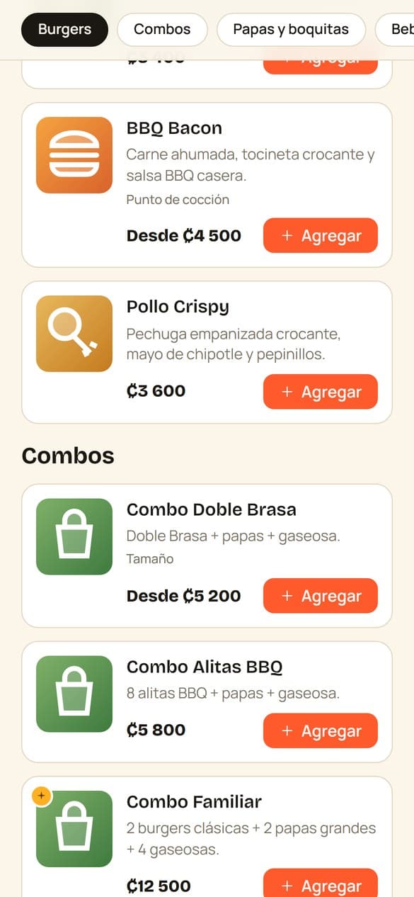 Menú público de un restaurante de ejemplo visto en un celular, con categorías y botón para agregar productos