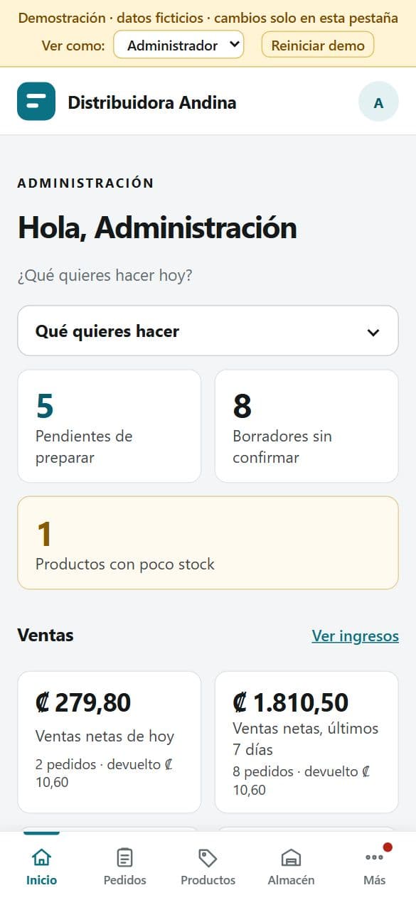 Pantalla de inicio de Inventario en un teléfono con pedidos pendientes, borradores, productos con pocas existencias y ventas netas.