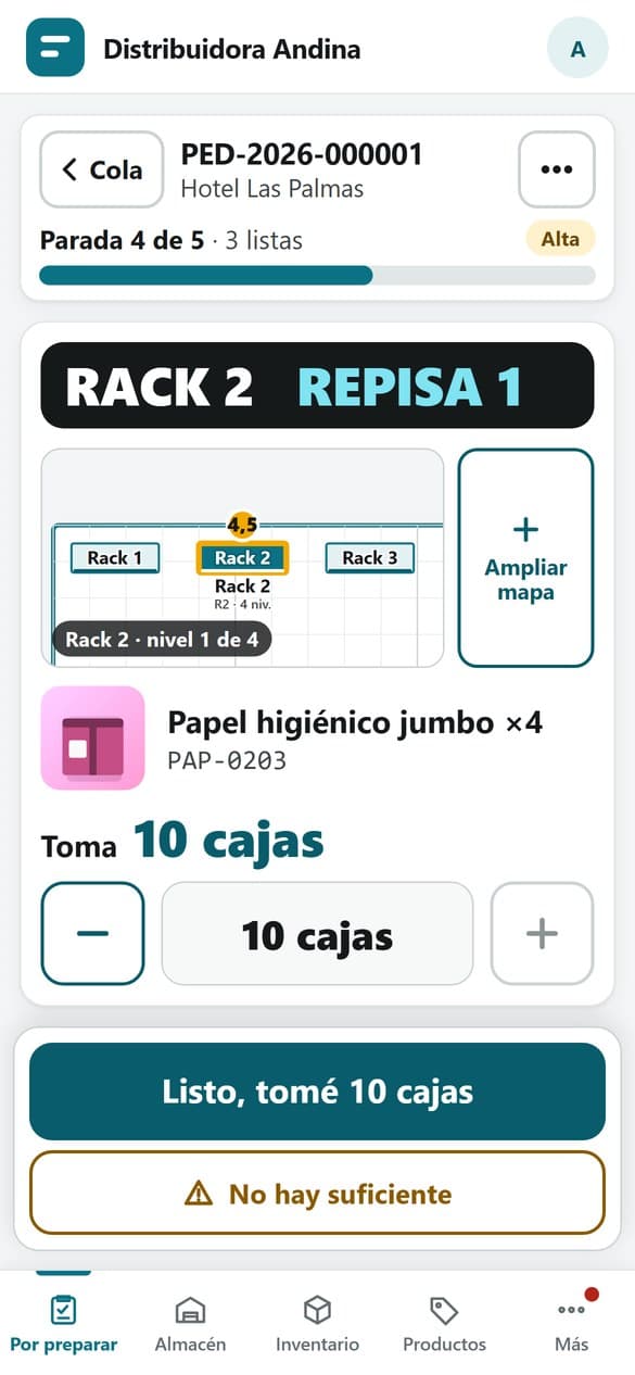 Pantalla de preparación en un teléfono con la repisa, el producto y el botón para confirmar.